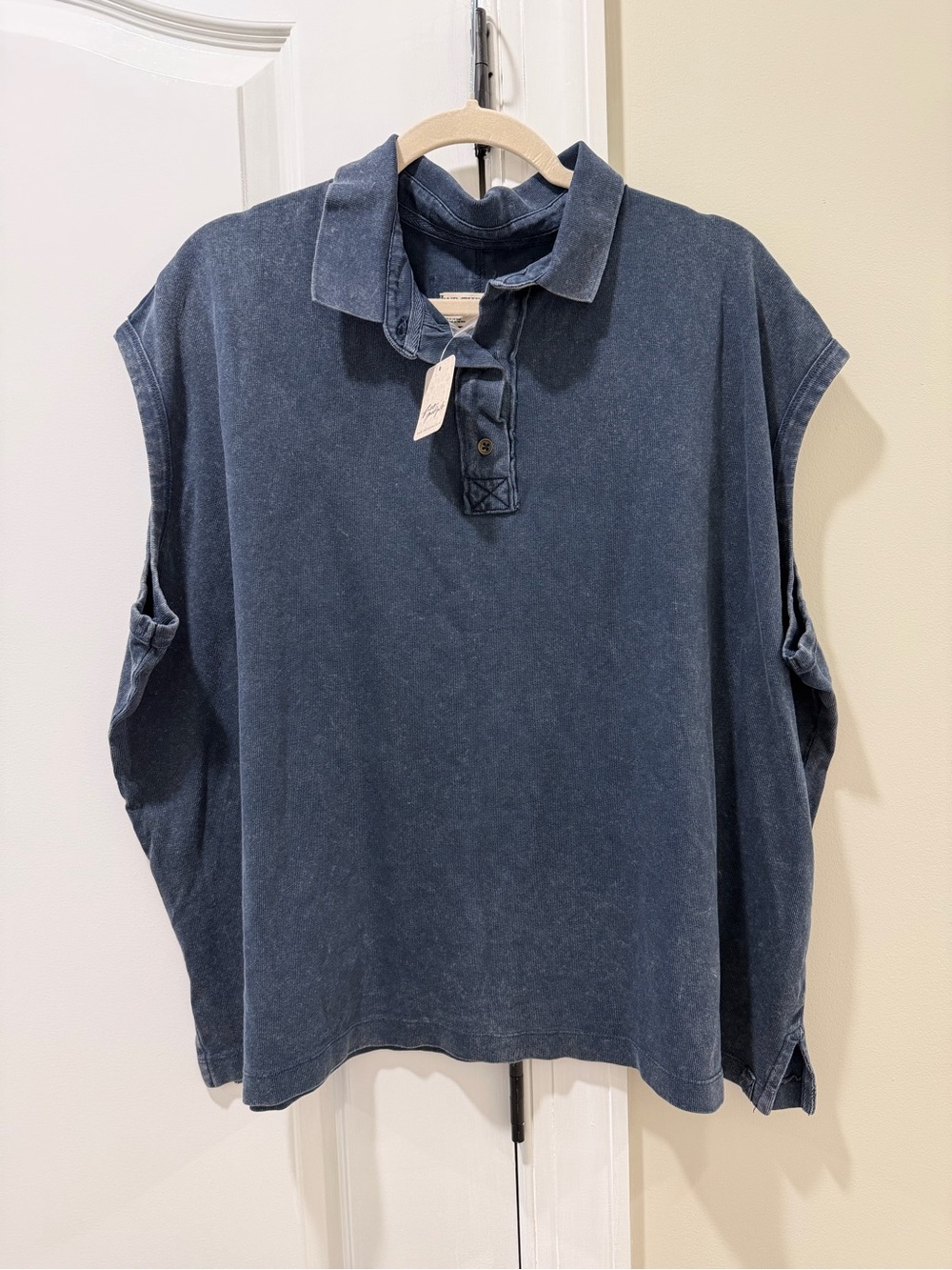 Free People Washed Navy Sleeveless Button-Down Polo